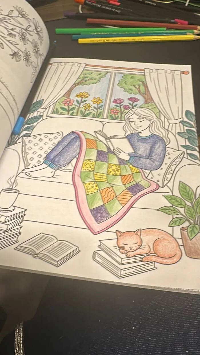 Página do livro colorida à mão, cena de flores